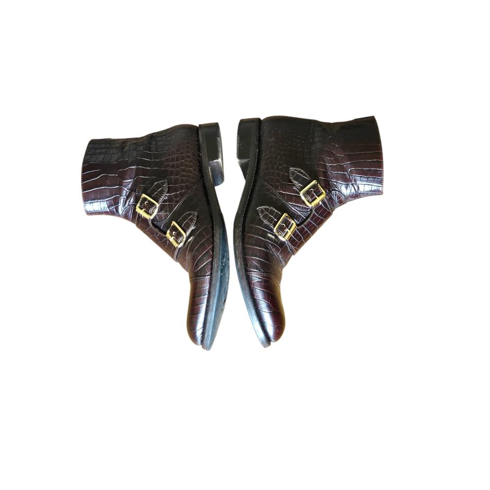 The Office of Angela Scott Mr. Dean Double Strap Croc Embossed Rare Brown Boots - Picture 4 of 9